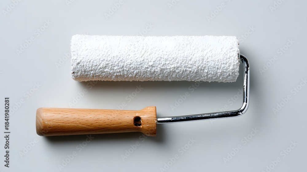Obraz premium Clean paint roller with wooden handle rests horizontally against a plain light background