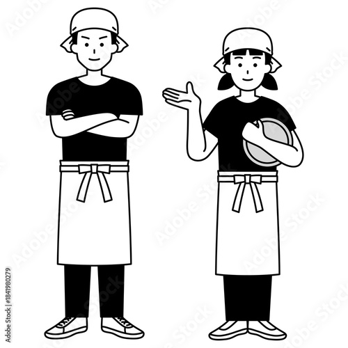 居酒屋の店員の男女（全身）　セット