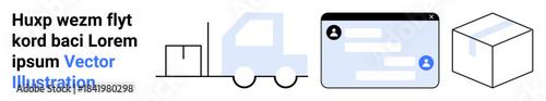 Logistics, cargo transport, communication, ecommerce, delivery services, supply chain. Visual includes a truck, box chat window. Logistics and cargo transport concept