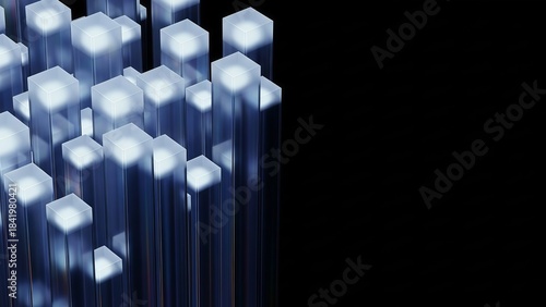 Rising translucent cube structures with glowing edges creating a clean digital background of geometric pillars against a simple dark contrasting space