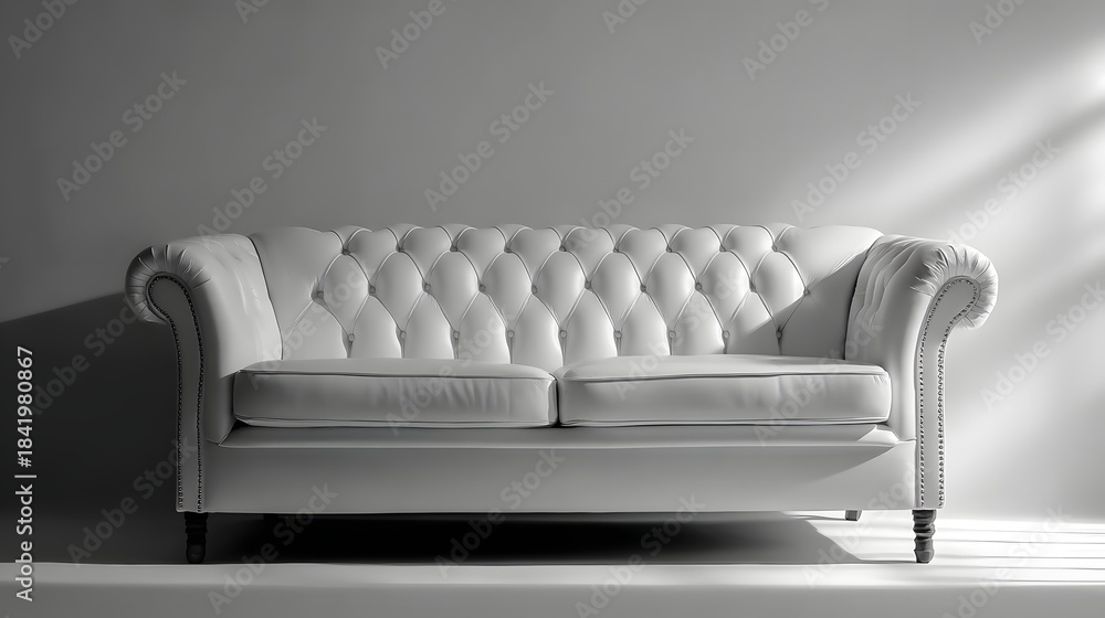Naklejka premium Elegant tufted sofa rests against a stark wall under dramatic lighting