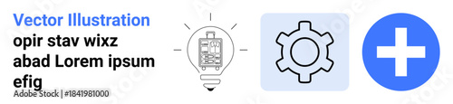 Lightbulb with circuit design, gear icon, and plus sign in blue circle. Ideal for creativity, technology, development, solutions, problem-solving, settings and simple landing page