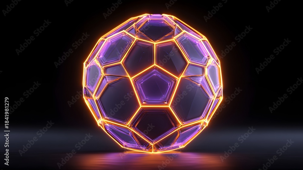 Fototapeta premium Glowing geometric polyhedron rests upon a reflective dark surface