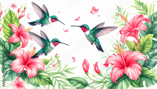 Soft Colored Pencil Tropical Flower & Hummingbird Doodles for Eco Tour Brochure