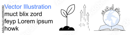 Environmental education, sustainability, growth, global learning, knowledge sharing, prosperity. A plant sprout, upward arrows and globe atop an open book. Environmental education and sustainability