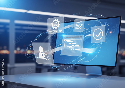 Futuristic computer display showcasing automation data analysis and interconnected digital systems in a modern office