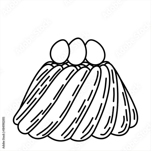 A minimalist black and white vector drawing of a swirl-style Easter dessert with three eggs resting on top. 