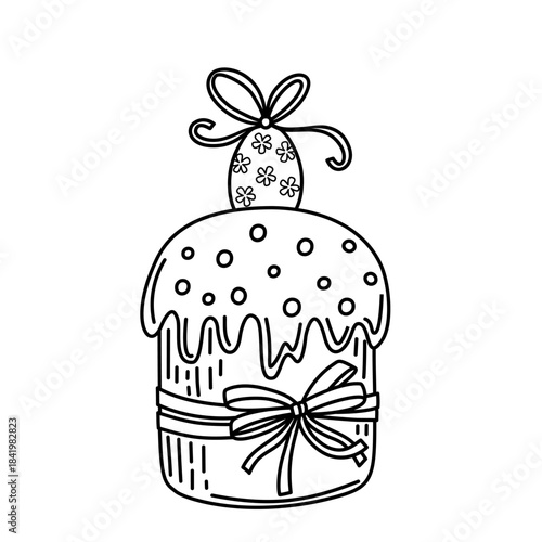 A decorative Easter cake topped with a patterned egg tied with a ribbon bow. The hand-drawn vector black and white line art features dripping icing and polka dot details