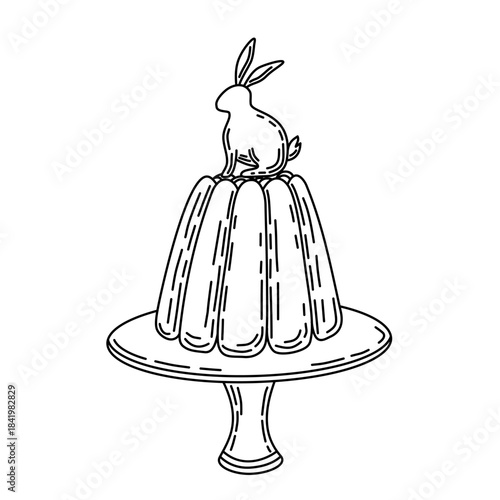 A black and white vector drawing of an Easter bunny sitting atop a large bundt-style cake displayed on a pedestal stand. The line art style is suitable for holiday illustrations and print products