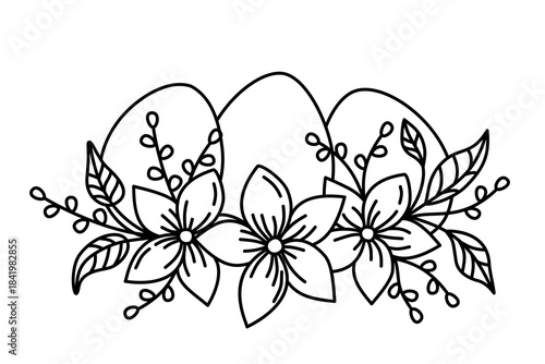 Black and white Easter vector illustration showing three eggs nestled behind a decorative floral bouquet with leaves and small branches
