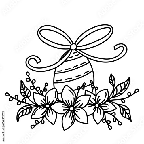 A hand-drawn black and white Easter egg wrapped with a large bow and surrounded by flowers and leaves. Vector line art illustration.