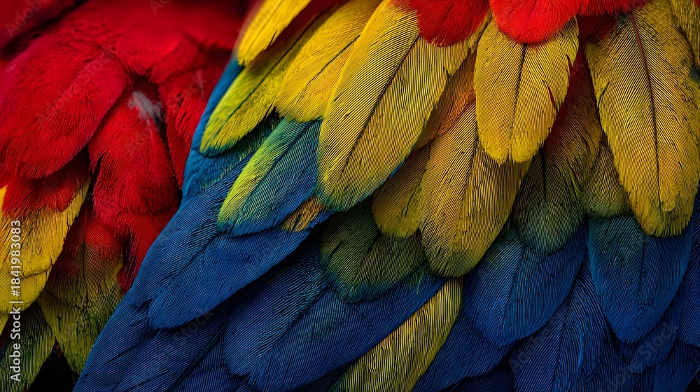 Obraz premium Brilliant tropical avian plumage displays overlapping layers of vibrant red, yellow, and blue