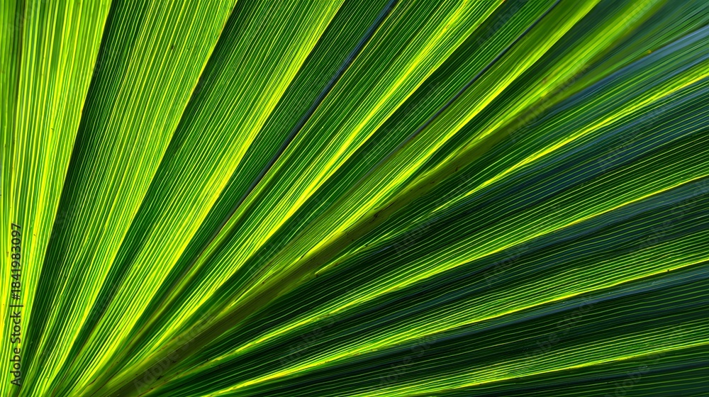 Obraz premium Vibrant green palm frond displays radiating lines illuminated by bright sunlight.