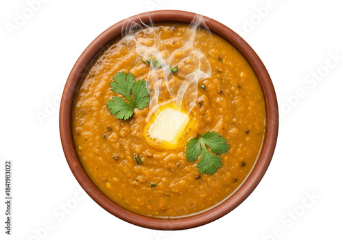 A vibrant bowl of dal makhani with a dollop of butter and fresh coriander garnish