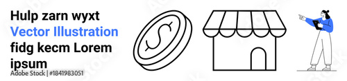 Coin representing currency, a storefront symbolizing retail, and a person pointing to engage. Ideal for e-commerce, business, marketing, finance, entrepreneurship, customer engagement simple landing