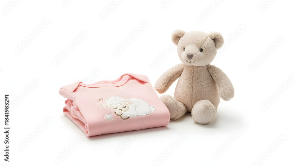 Obraz premium A fluffy brown teddy bear sitting isolated on white holds a red heart and a gift box, making a cuddly and soft stuffed toy animal for a Valentine or Christmas childhood gift of love