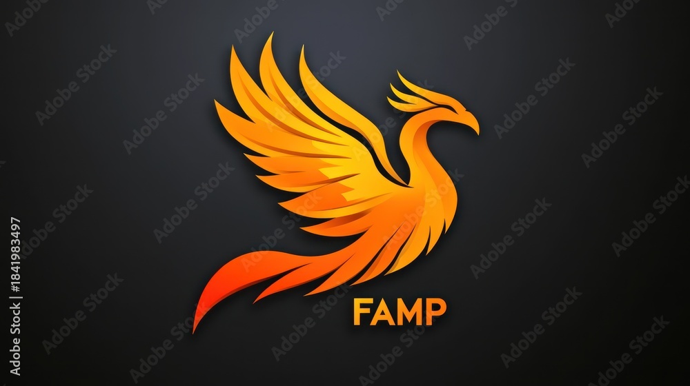 Fototapeta premium Fiery Phoenix Logo on Dark Background, Graphic Design, Symbol of Rebirth, Ideal for Brand Identity