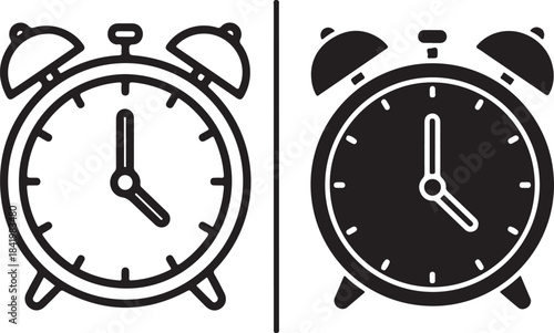 A classic twin-bell alarm clock icon presented in both outline and solid black styles isolated on white background, Vector, illustration