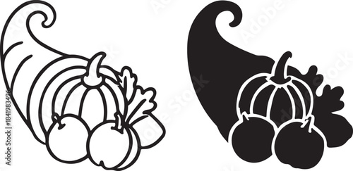 Outline and silhouette cornucopia design for thanksgiving harvest season isolated on white background, Vector, illustration