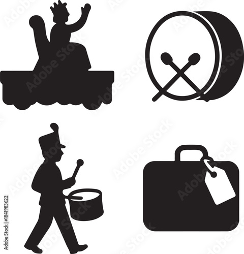Silhouettes of parade elements including a marching drummer, a royal figure on a float, and musical instruments isolated on white background, Vector, illustration