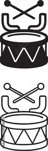 A black and white illustration of a toy drum with crossed drumsticks presented in solid fill and outline versions isolated on white background, Vector, illustration