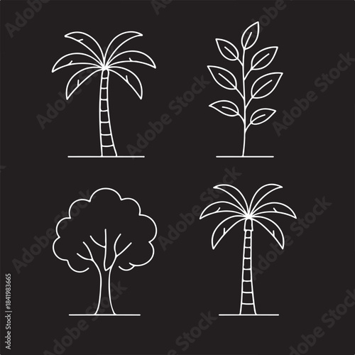 Minimalist set of tree and plant icons featuring palm and deciduous varieties isolated on white background, Vector, illustration