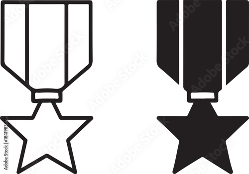 Military award medal icon set featuring a star pendant in outline and solid fill isolated on white background, Vector, illustration