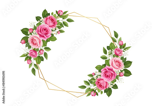 Elegant floral wreath featuring pink roses lush greenery and a golden geometric frame