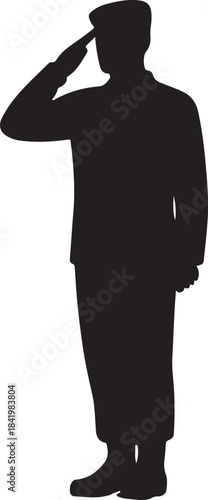 A black silhouette illustration of a man in uniform performing a respectful military salute. isolated on white background, Vector, illustration