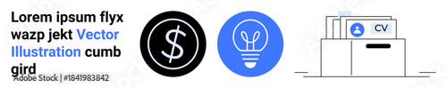 Finance, innovation, recruitment, business planning, professional growth, creative solutions. Dollar sign, light bulb and CV document folder icons. Finance and innovation concepts