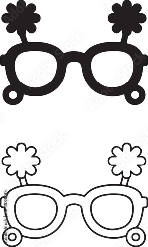 Playful glasses with flowers on top in silhouette and outline style for coloring isolated on white background, Vector, illustration
