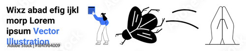 Knowledge, religion, action, nature, spirituality, mindfulness. A person holding a book, a flying insect and praying hands in linear style. Knowledge and spirituality in this composition