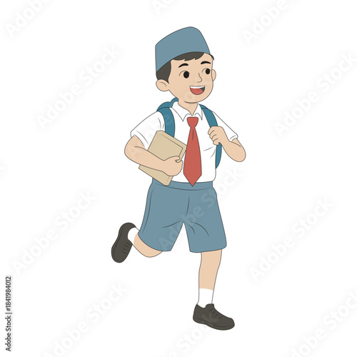 Happy Indonesian schoolboy in uniform running with a backpack and book, ready for class