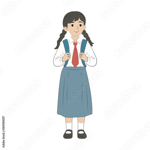 Young smiling schoolgirl in uniform with pigtails and backpack, ready for her studies.