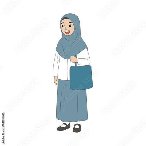 Happy young Muslim student in school uniform and hijab, carrying a tote bag, standing and smiling on a white background, vector illustration.