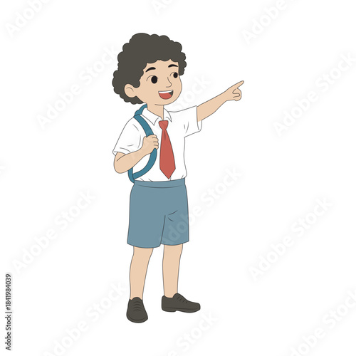 Happy elementary school boy in uniform with backpack pointing gesture, smiling cheerfully
