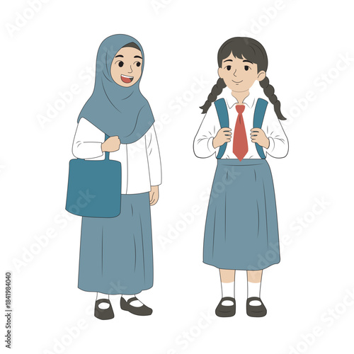 Diverse schoolgirls in uniform, one wearing a hijab and carrying a tote bag, the other with pigtails and a backpack, ready for education.