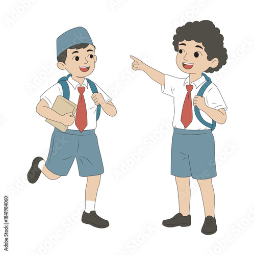 Two happy schoolboys in uniform with backpacks, one running with a book and the other pointing, ready for school adventures