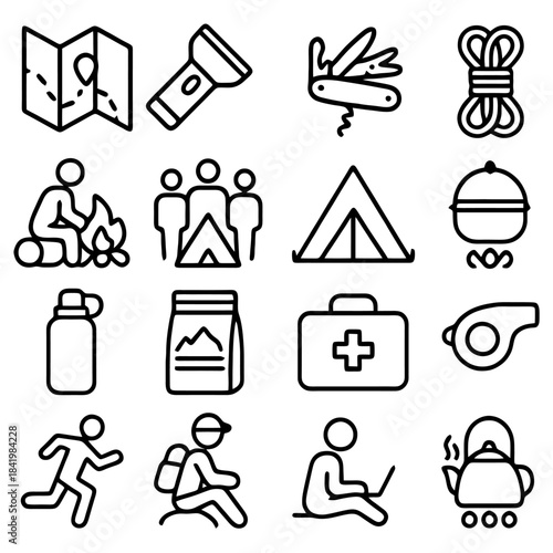 Camping Iconography: A collection of meticulously crafted camping-related icons, each representing an essential element of the outdoor experience.