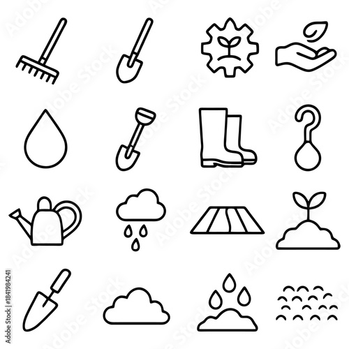Gardening and Farming Iconography: A collection of meticulously designed line icons representing essential gardening and farming tools.