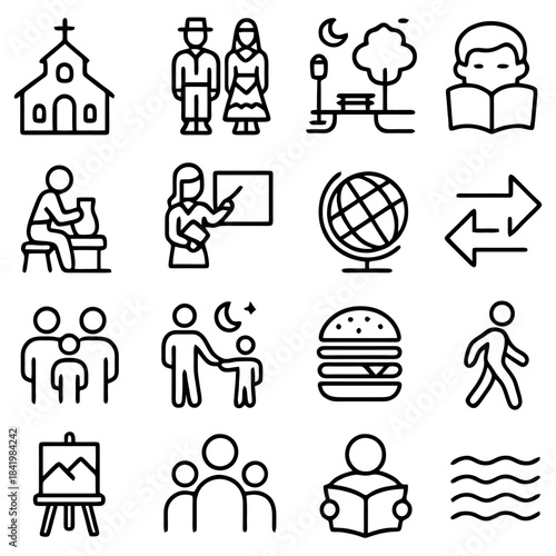 Icons of Everyday Life: Simple vector icons representing diverse aspects of daily life, including community, nature, leisure, and learning, perfect for graphic design elements.