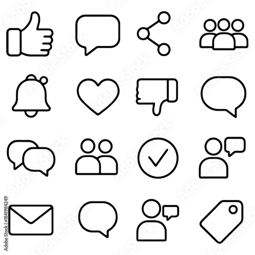Iconic Interaction Set: A minimalistic collection of social media icons, each perfectly conveying essential digital interactions. This array captures the essence of online connection.