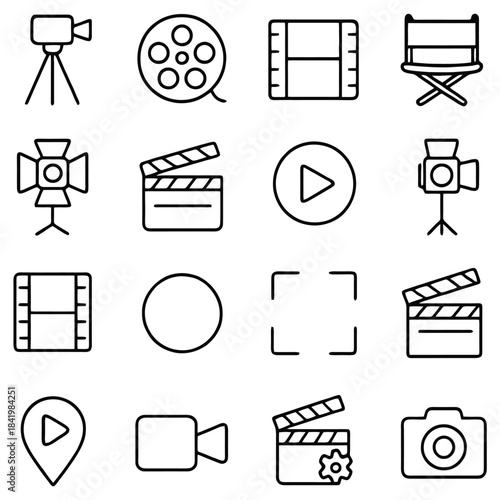 Film and Cinema Icon Set: A collection of meticulously drawn icons, portraying the various tools and symbols of filmmaking. These clean.