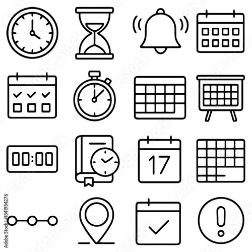 Time Management Icons: An array of minimalist icons representing various time management and scheduling concepts, perfect for use in digital interfaces or presentations.