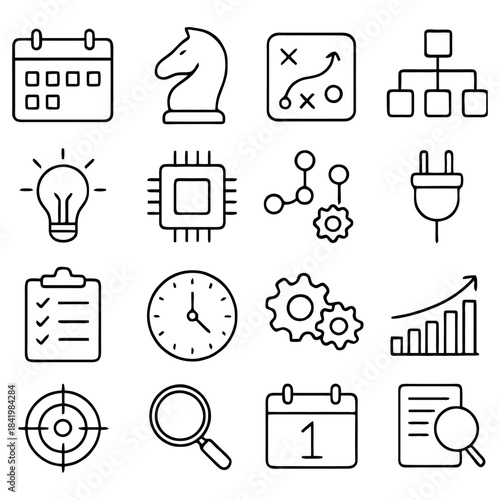 Strategic Icons: A collection of concise, modern icons representing strategic elements such as the calendar, chess, strategy, a circuit, flowchart, and more.