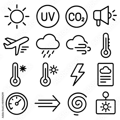 Weather Icons: A collection of various weather icons designed in a clean, minimalist style. This versatile set of symbols represents an array of meteorological conditions and elements.