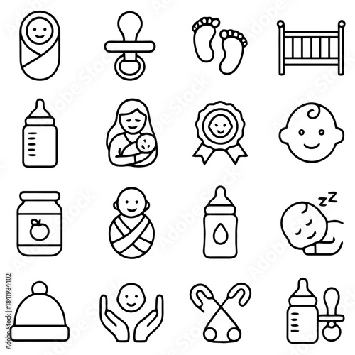Baby Essentials: A delightful compilation of baby-related line art icons, showcasing the core items and symbols associated with infants.