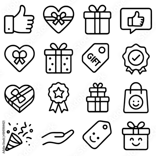 Gift Icon Collection: A meticulously crafted assortment of gift-themed icons in a crisp, clean black outline, perfect for adding a touch of elegance to any design. 