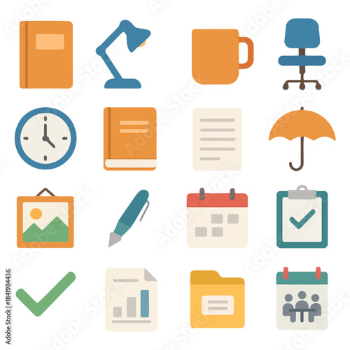 Work Essentials Icon Set: A collection of various office supplies are artfully arranged, providing a comprehensive visual guide to common items utilized in a business environment.
