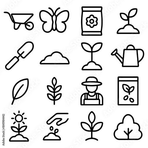 Gardening Icon Set: A comprehensive collection of gardening illustrations showcasing essential tools, elements, and symbols associated with the art of gardening.